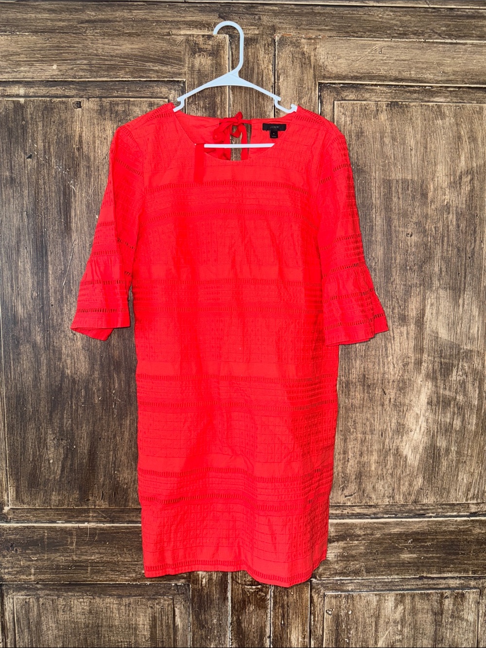 J. Crew Red Lace Midi Dress with Bell Sleeves
